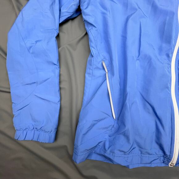Adidas Women's Full Zip Running Jacket Large Blue Windbreaker 3 Stripes - Picture 5 of 7